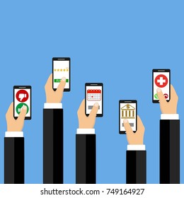 Mobile applications concept. Hand with phones flat illustration.