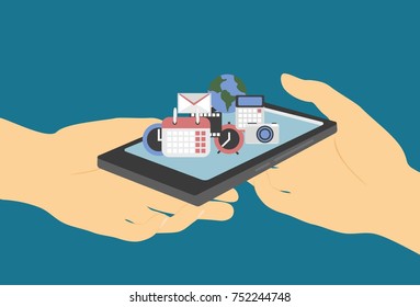 Mobile applications concept. Hand with phones flat illustration.