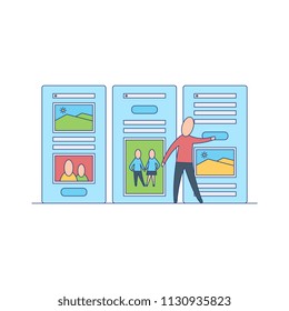 Mobile applications concept. Man standing near digital device screen with chatting and communication chart app with speech bubbles and user avatars. Vector flat illustration.