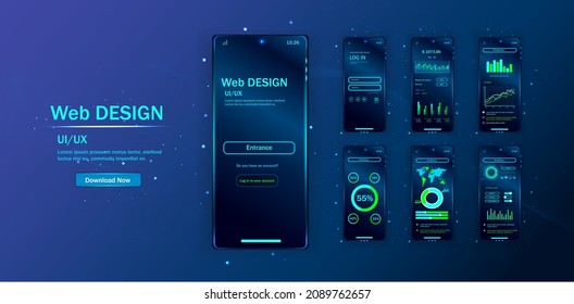 Mobile applications. Creating a mobile application. User experience. Various UI, UX, graphical interfaces of mobile screens of modern infographics. Web design and analysis. Vector