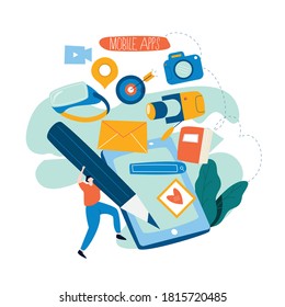 Mobile applications development concept flat vector illustration. Smartphone interface with apps design for mobile and web graphics