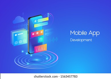 Mobile applications development concept.  Isometric smartphone with futuristic UI and layers of applications and concept of web design illustration template