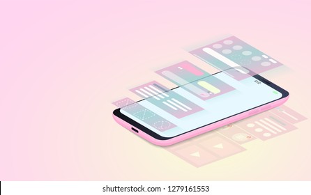 Mobile Applications development, UI design and web design on isometric smartphone. vector
