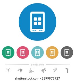 Mobile applications flat white icons on round color backgrounds. 6 bonus icons included.