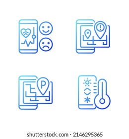 Mobile applications gradient linear vector icons set. Healthcare service. Internet of Things. Smart gadget. Thin line contour symbol designs bundle. Isolated outline illustrations collection