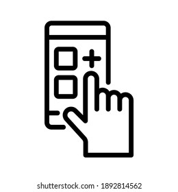 Mobile applications with hand. Line vector. Isolate on white background.