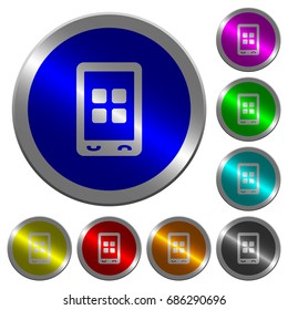 Mobile applications icons on round luminous coin-like color steel buttons