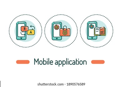 Mobile applications outline concept. Smartphone app line color icons. Pictograms for web page, mobile app, promo.