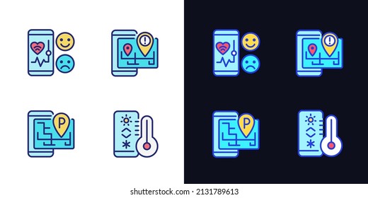 Mobile applications pixel perfect light and dark theme color icons set. Healthcare service. Internet of Things. Simple filled line drawings. Bright cliparts on white and black. Editable stroke