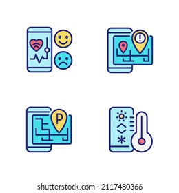 Mobile Anwendungen Pixel perfekte RGB-Farbsymbole gesetzt. Gesundheitsdienstleistungen. GPS-Navigation. Internet der Dinge. Einzige Vektorgrafiken. Einfache Kollektion von ausgefüllten Zeilenzeichnungen. Bearbeitbarer Hub