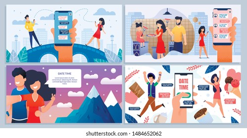 Mobile Applications Set for Online Dating and Communicating. Cartoon People Characters Networking, Messaging each other, Sharing Selfies while Travelling, inviting on Date. Vector Flat Illustration