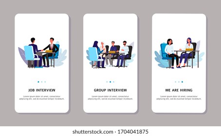 Mobile applications set for recruitment agency with recruiters and job candidates cartoon characters, flat vector illustration. Job interview concept.