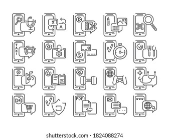 Mobile applications in smartphone black line icons set. Pictograms for web page, mobile app, promo. UI UX GUI design element. Editable stroke