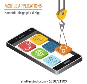 Mobile applications technology isometric collection. Software development and installation. Vector illustration