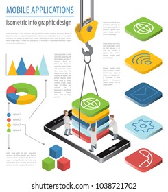 Mobile applications technology isometric collection. Software development and installation. Vector illustration