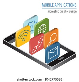 Mobile applications technology isometric collection. Software development and installation. Vector illustration