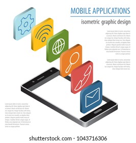 Mobile applications technology isometric collection. Software development and installation. Vector illustration