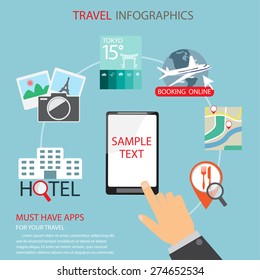 mobile applications for travel infographics elements and  background. Modern technology and Flat design. Can be used for business layout, diagram, web design, brochure template. vector illustration
