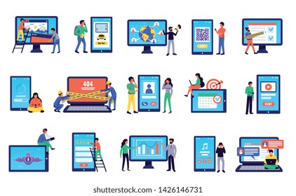 Mobile applications and users icons set with wireless connection symbols flat isolated vector illustration 