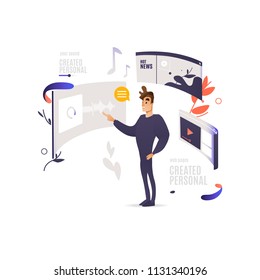 Mobile applications and websites design concept. Man standing near digital device screen with web sites windows with media and social content. Vector flat illustration.