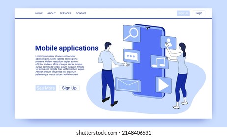 Mobile Anwendungen.Die Leute verwenden auf einem Smartphone installierte Anwendungen.Eine Abbildung im Stil der Landing-Page ist blau.