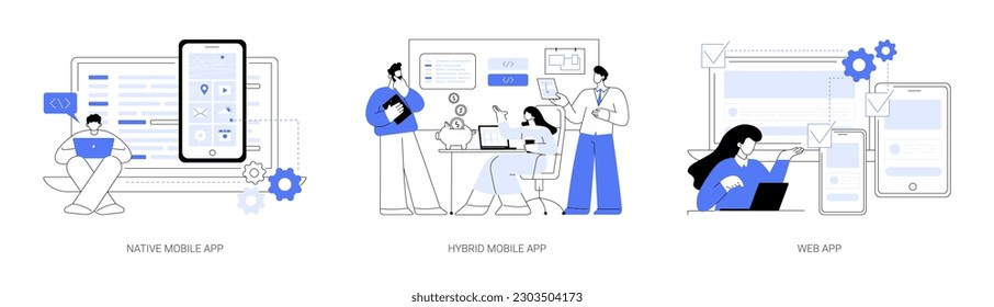 Mobile apps abstract concept vector illustration set. Man with laptop and smartphone coding native mobile app, diverse people discuss hybrid mobile application, adaptive web design abstract metaphor.