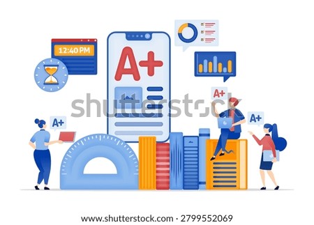 Mobile apps for achieving A's in learning and education, flat illustration vector design of smartphone technology supporting academic student success