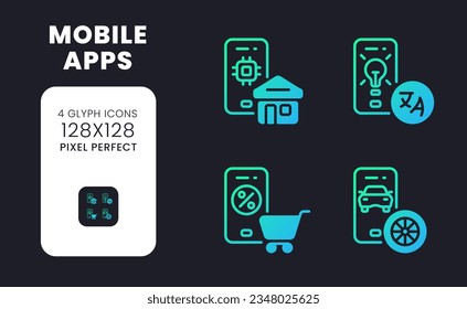 Mobile apps blue solid gradient desktop icons. E-commerce. Digital assistants. Software development. Pixel perfect 128x128, outline 4px. Glyph pictograms kit for dark theme. Isolated vector images