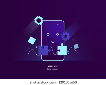 Mobile apps concept, connection puzzle, uploading smartphone software, happy mobile phone, setting program flat vector illustration dark neon