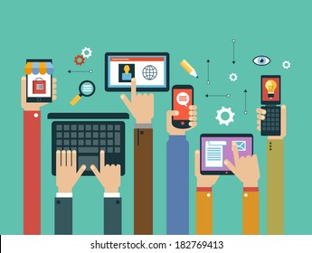 mobile apps concept. Mobile apps concept. Flat design vector illustration. Human hand with mobile phone, tablet, laptop and interface icons