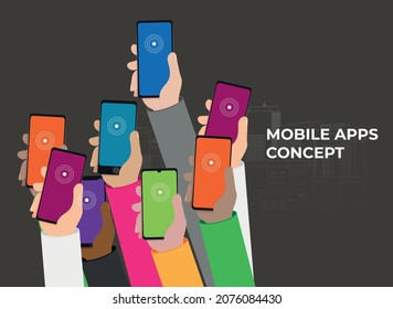 Mobile apps concept. Flat design vector illustration. Human hand with mobile phone