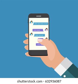 Mobile Apps Concept Hand Holding Phone. Social network concept. Abstract  Messenger Wndow with Chating and Message Chat Boxes. Vector illustration. EPS10