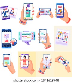 Mobile Apps Konzept - Social Networking, Online Medizin, Kommunikation, Bildungsanwendung für Smartphone. Telefon-Set, Handheld-Telefon, Web-Service Online-Technologie Flachbild-Design