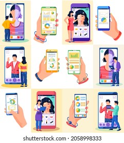 Mobile apps concept - social networking, online business, communication, photo abd beauty application for smartphone. Phone screen set, hand holding phone, web service online technology flat design