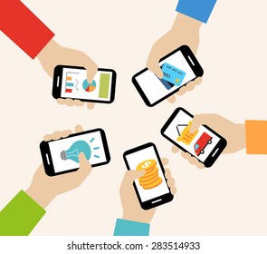 Mobile apps concept - social networking, online business, communication.