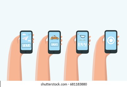 Mobile apps concept - social networking, online business, communication. Taxi, messenger, online purchase. Set of smartphone