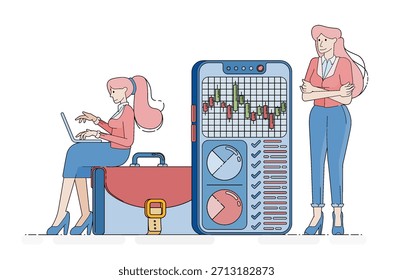 Aplicativos móveis que conectam funcionários bancários a vagas de emprego usando gráficos do mercado de ações e relatórios de impostos e contas para refinanciamento. As ilustrações em desenhos animados podem ser usadas para cartazes, sites, folhetos, anúncios