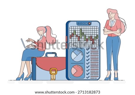 Mobile apps connecting banking workers with job openings using stock market graphs charts and tax and bill reports for refinancing. Cartoon illustrations can be used for posters, websites, flyers, ads