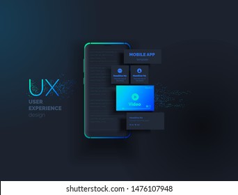 Mobile apps. Creation of a mobile application. Web page created from separate blocks. User experience, user interface. Layouts of the mobile application by layers. Modern vector illustration.