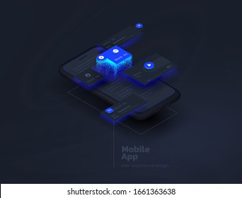 Mobile apps. Creation of a mobile application. Web page created from separate blocks. User experience, user interface. Layouts of the mobile application by layers. Modern vector illustration.