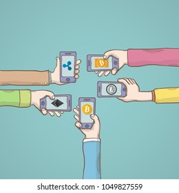 Mobile apps cryptocurrency concept.Flat modern design concept of cryptocurrency technology, bitcoin exchange, mobile banking. Hands holding smartphones with bitcoin,ripple,litecoin,ethereum,virtual