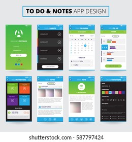 Mobile apps design for notes and projects on smartphone screens with icons and settings isolated vector illustration