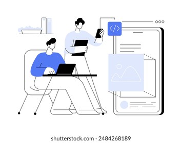 Mobile apps development abstract concept vector illustration. Colleagues creating new mobile app, IT company, back end development, software engineering, prototype idea abstract metaphor.