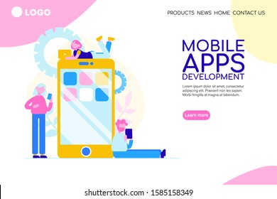 Mobile apps development concept. Web optimization, marketing research, set optimization, monitoring and management. People team work together. Landing page template