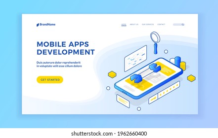 Desarrollo de aplicaciones móviles. Isométrica ilustración de smartphone con llave en pantalla en banner publicitando prototipado y probando el servicio de desarrollo de aplicaciones móviles. Plantilla de página de inicio