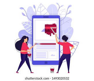 Mobile Apps Development. People Designing And Painting Smartphone Applications. Character Concept Vector Illustration For Web Landing Page, Banner, Mobile Apps, Card, Book Illustration