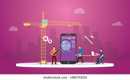 mobile apps development technology with team developer and crane with city background and modern flat style  - vector