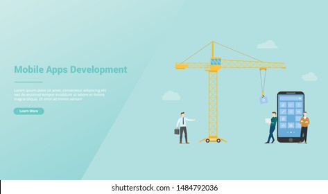 mobile apps development technology with team developer and crane with modern flat style and for website template or landing homepage - vector