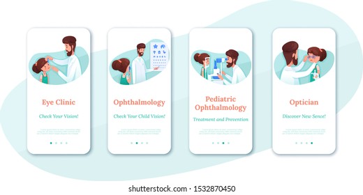 Mobile apps with eyesight diagnostics vector templates set. Optometrist checking kid eye sight with test chart. Girl cartoon character at ophthalmology hospital clipart pack. Optometry clinic visiting