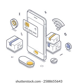 Mobile apps facilitate quick transactions with credit cards and packages depicted in isometric style. Elements include a smartphone, payment card, and parcels, representing digital commerce.